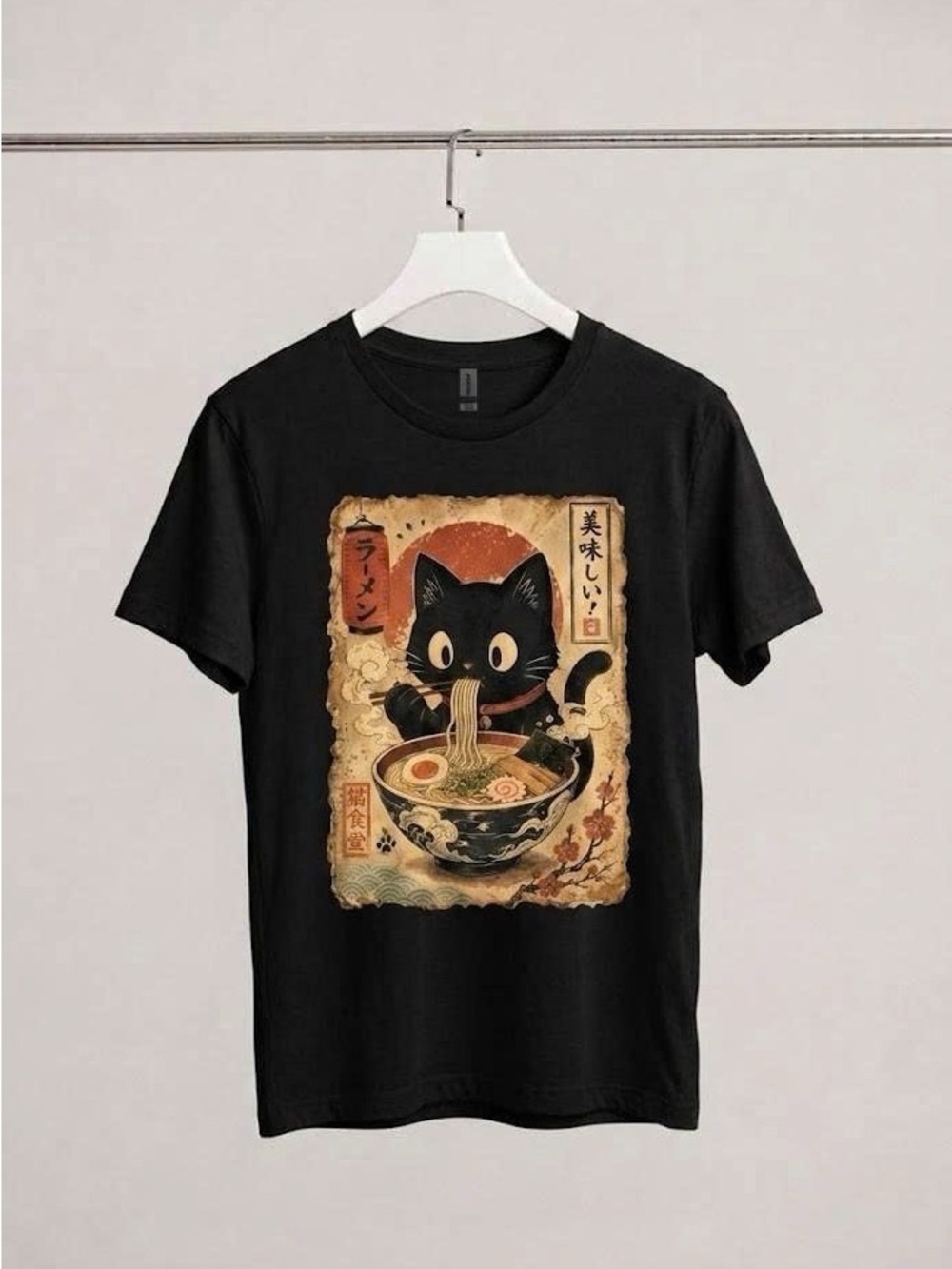 Retro Black Cat Eating Ramen Japanese Poster Graphic Tee